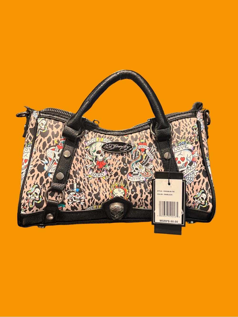 Leopard Print Satchel Handbag with Tattoo Motif - Black Trim - Ed Hardy